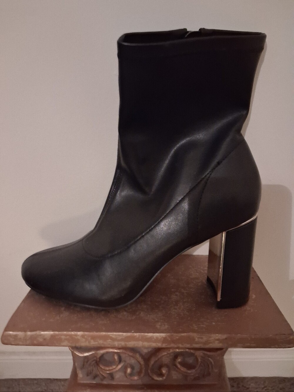 BCBGeneration Black Mid-Calf Block Heel Boots with Metallic Heel Detail